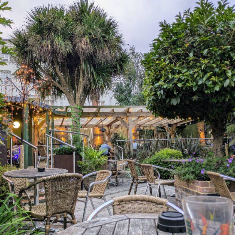 Pub garden patio with trees