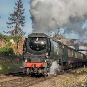 steam train going under a bridge