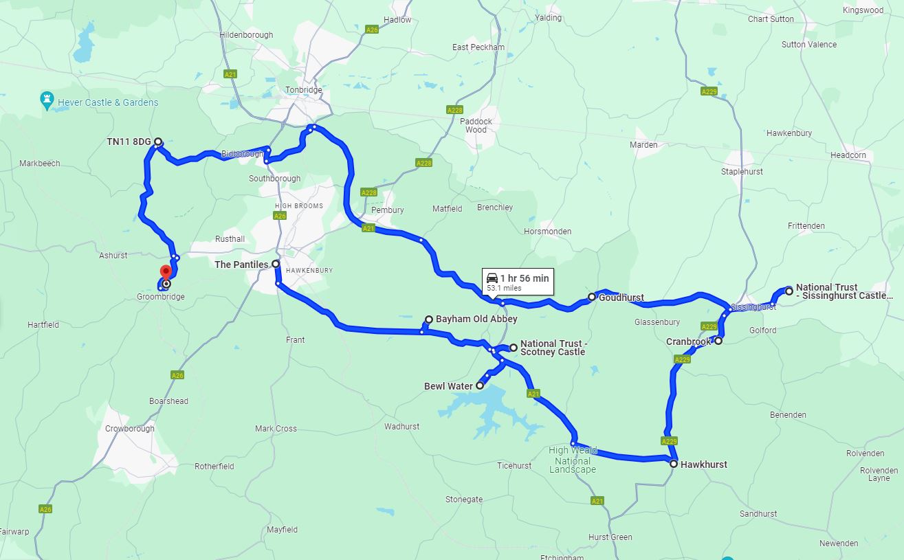 A navigational map showing the scenic route around the weald of kent