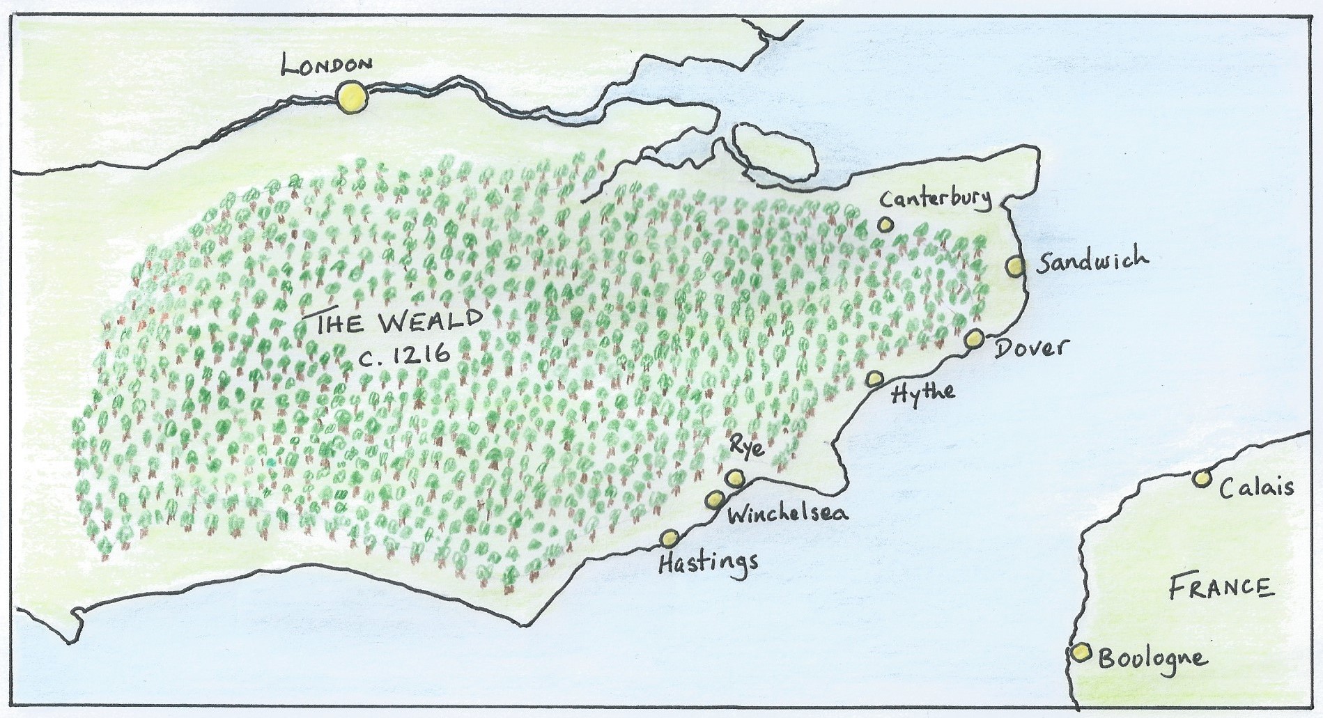 An illustrated map of the South East of England with The Weald area highlighted. It coveres most of the South East from below London to Canterbury, down to Hasting and across to Gatwick.