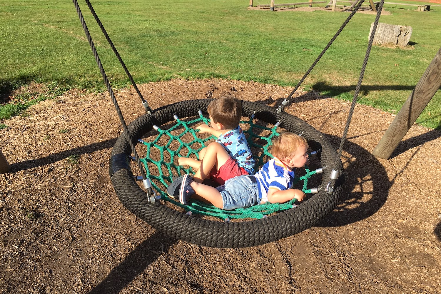 Two young children sat on a basket swing in a park