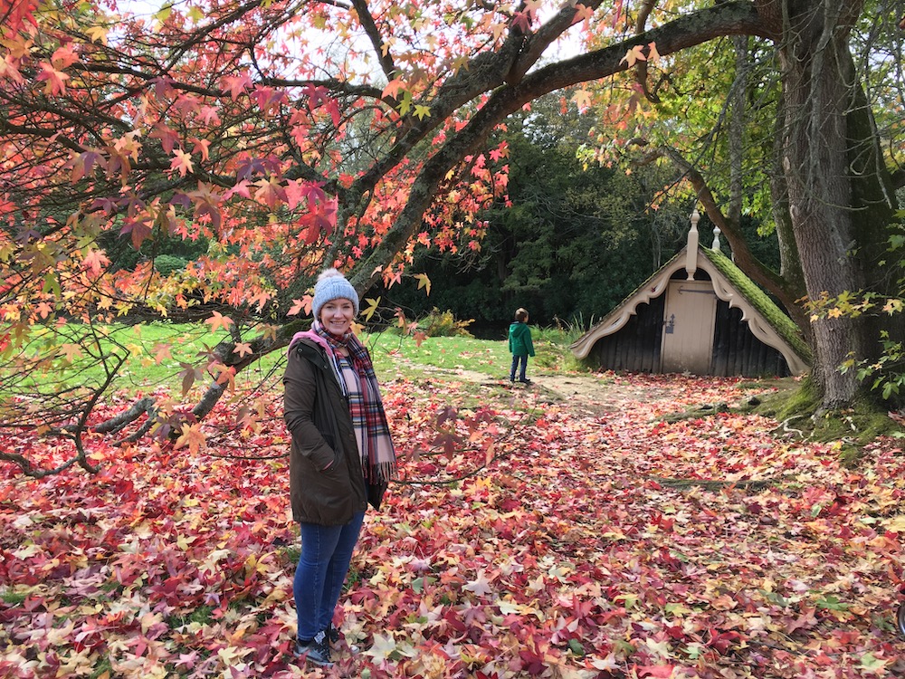 A woman wearing a hat and scarf standing under a tree with bright red and orange leaves completely covering the floor