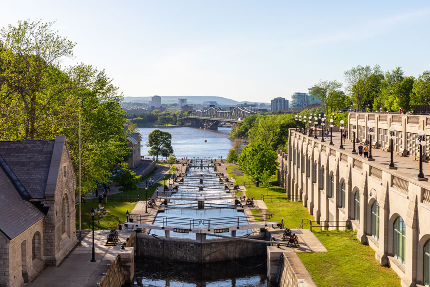 View from the top a multitude of locks at the Rideau Canal in Ottawa