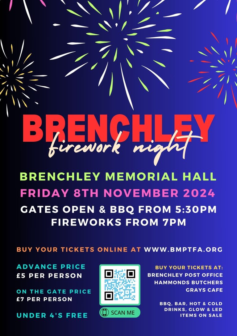 Brenchley Firework Night Brenchley Memorial Hall Friday 8th November 2024 Gates open and BBQ from 5:30pm Fireworks from 7pm