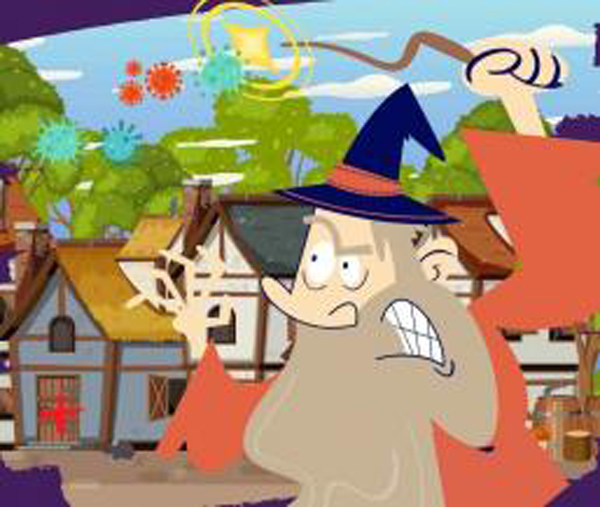 A cartoon wizard casting a spell.