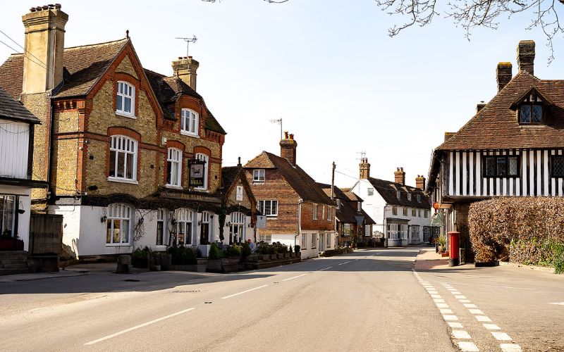 View down village high street
