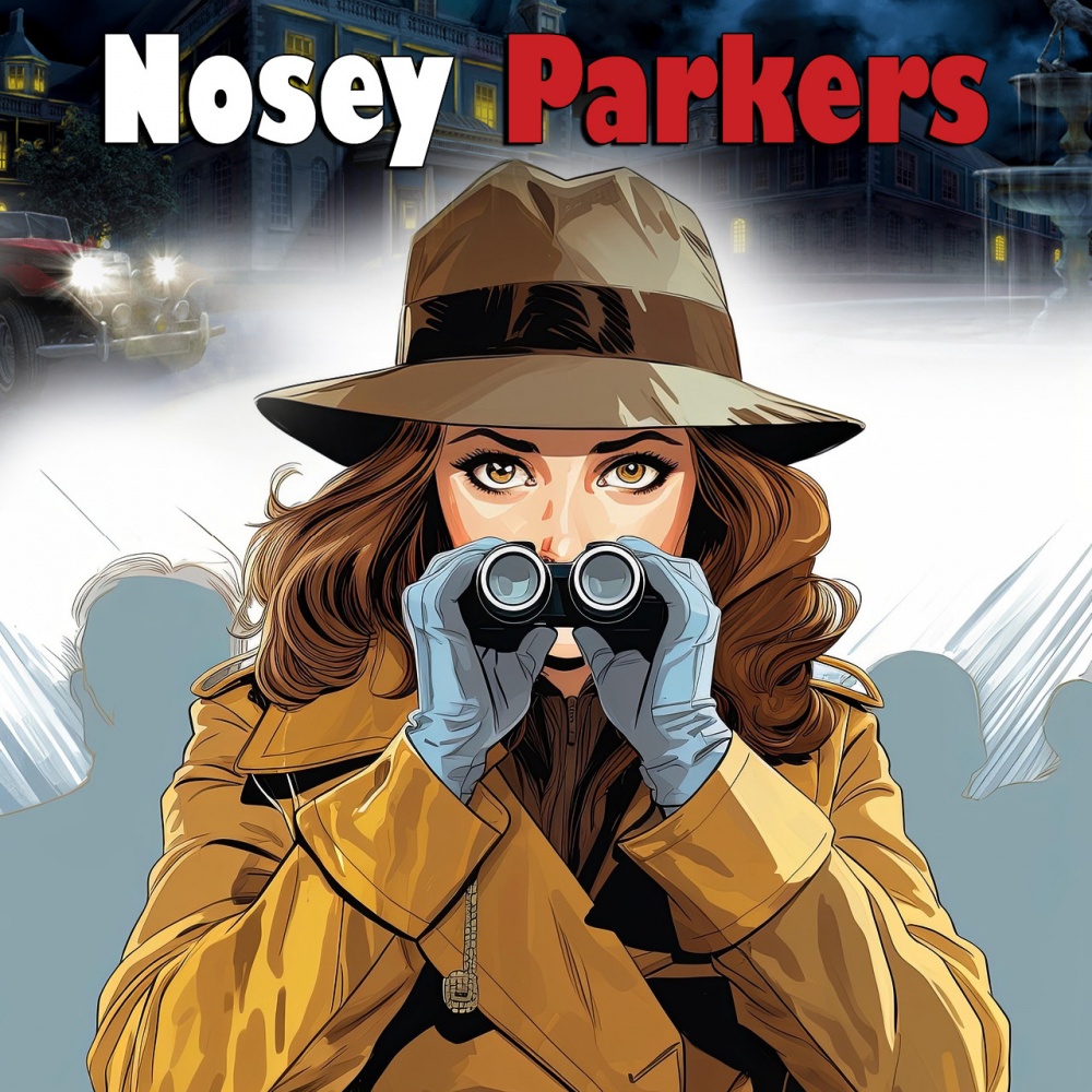 Animated woman with binoculars, trench coat and hat