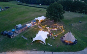 Drone shot of large outdoor tents