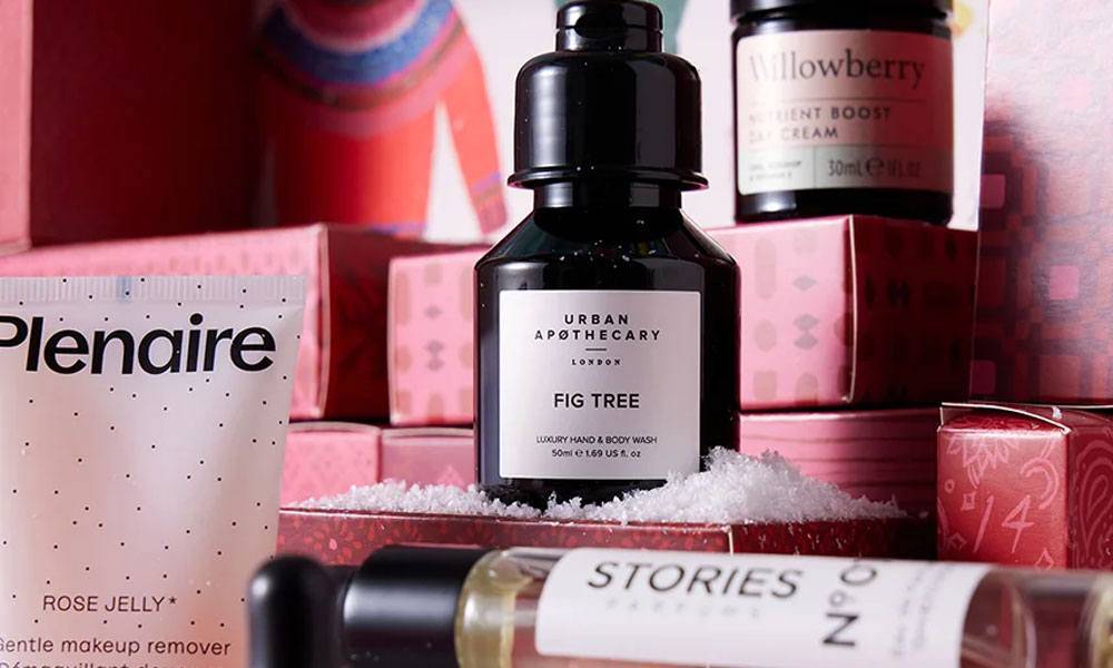 Anthropologie - a display of some toiletries with Plenaire Rose Jelly makeup remover, Urban Apothecary Fig Tree Luxury Hand & Body Wash and a Stories product